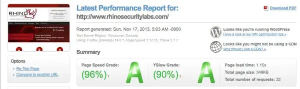 Rhino Security Labs Website Speed Rating After SEO